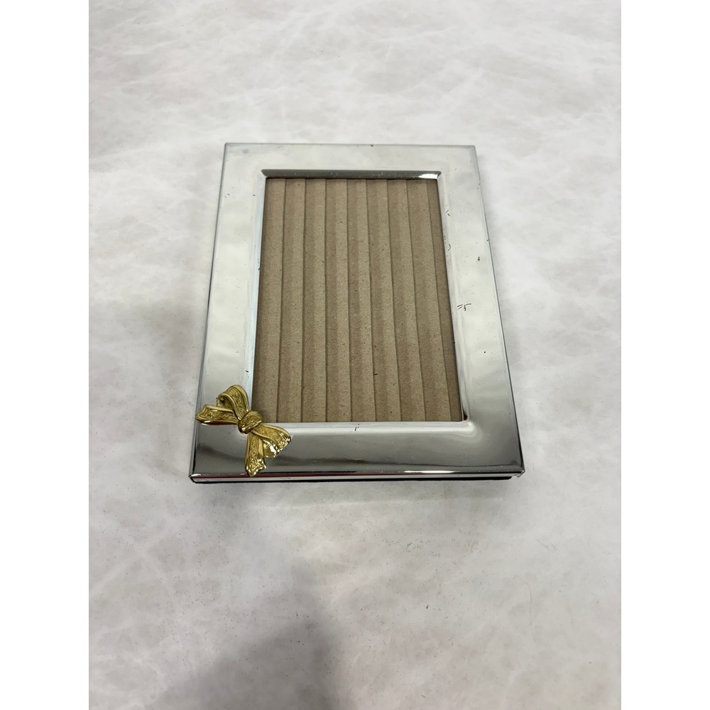 Vintage Silver Tone Picture Frame Gold Bow Accent 3.5x5 Tabletop Wall Hanging